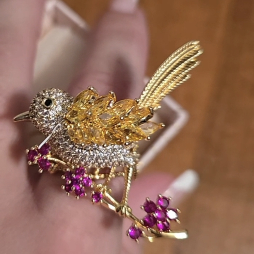 Gold and Pink Bird Pin with Rhinestones and Gemstones